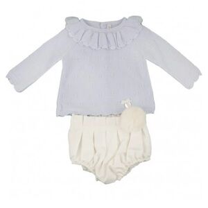 Light Blue Ruffled Baby Top (sweater) and Cream Shorts Set with Pom Pom